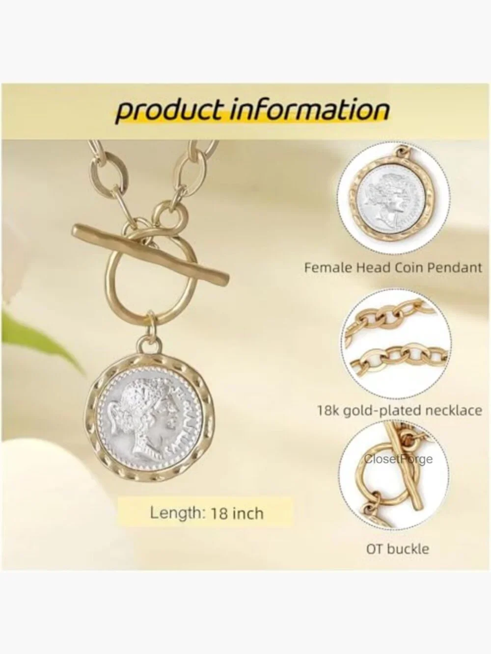 18k Gold Plated Angel Coin Toggle Necklace Chunky Statement Jewelry